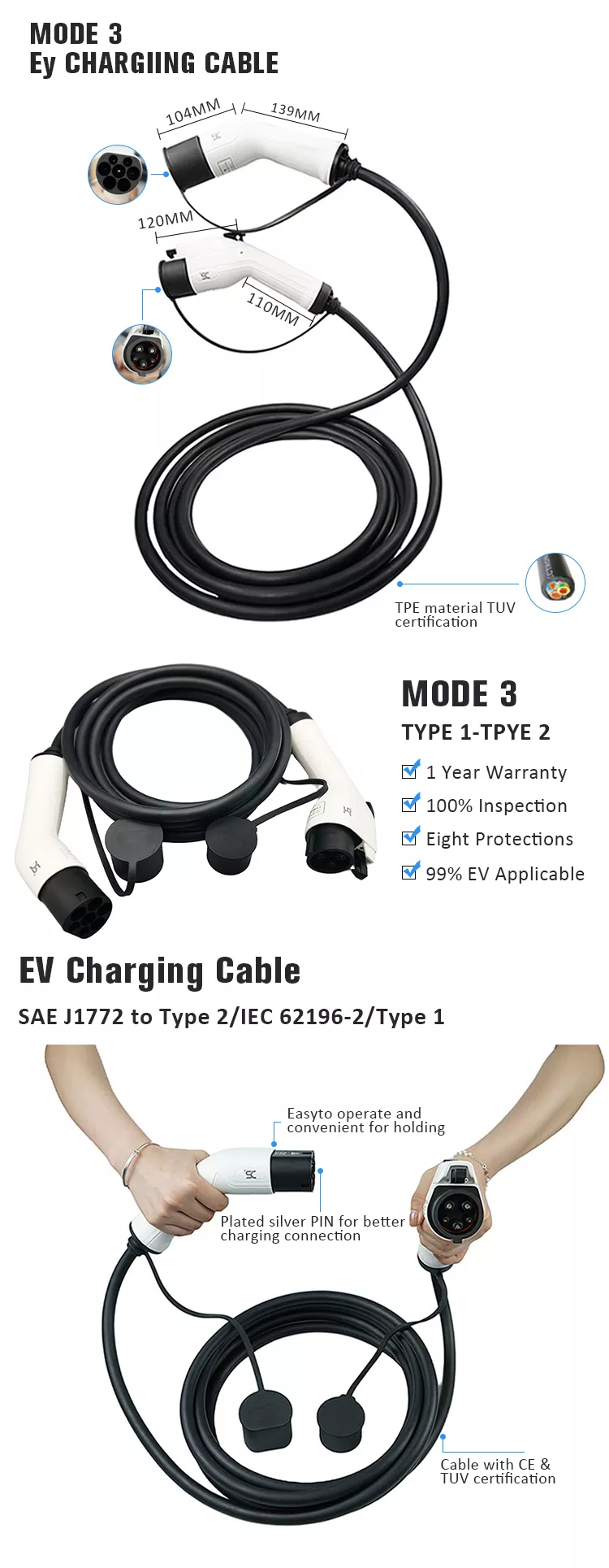 3.6Kw/7.2Kw Type 2 to Type 1 EV Charging Cable